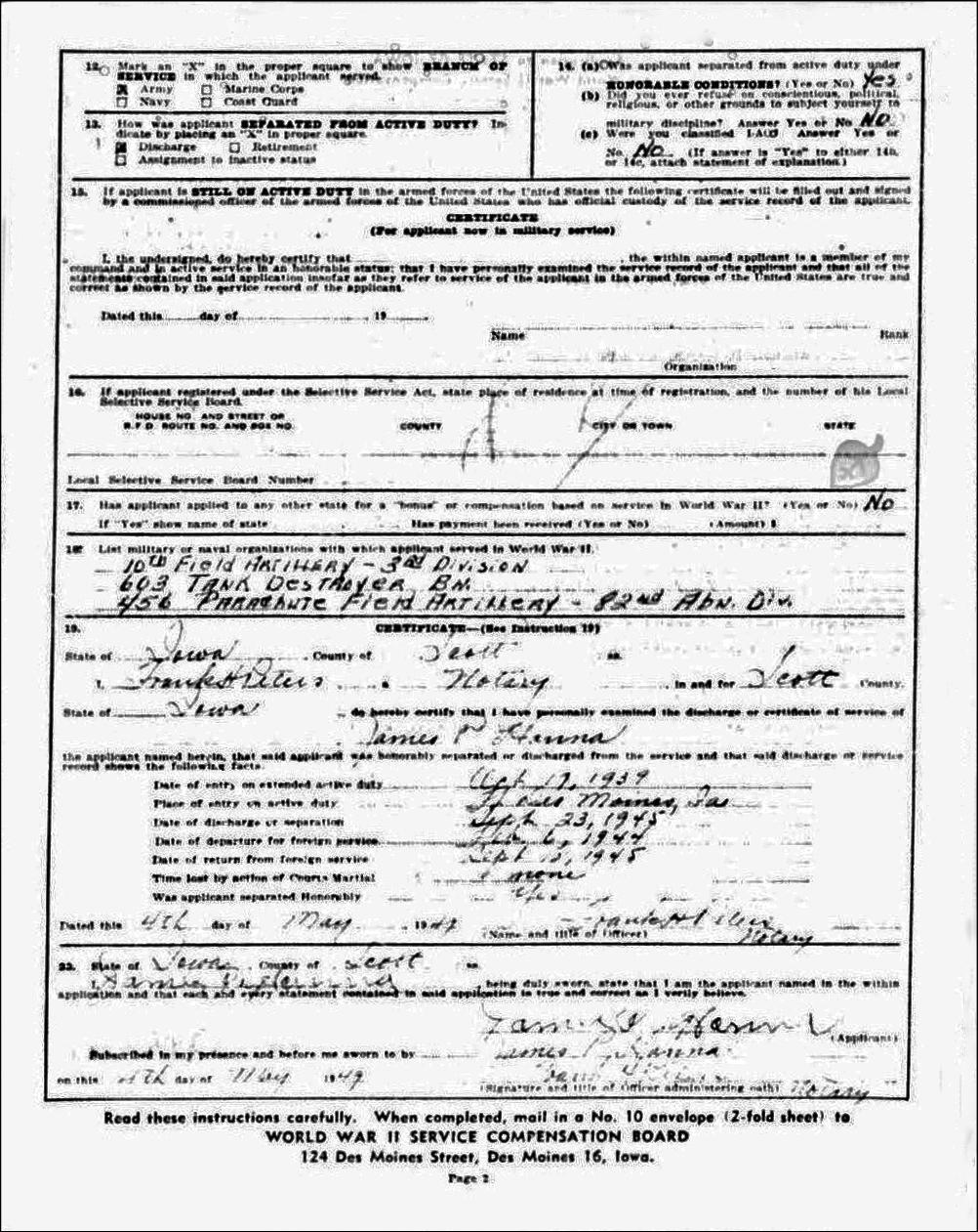 James Hanna's World War II Draft Registration Card